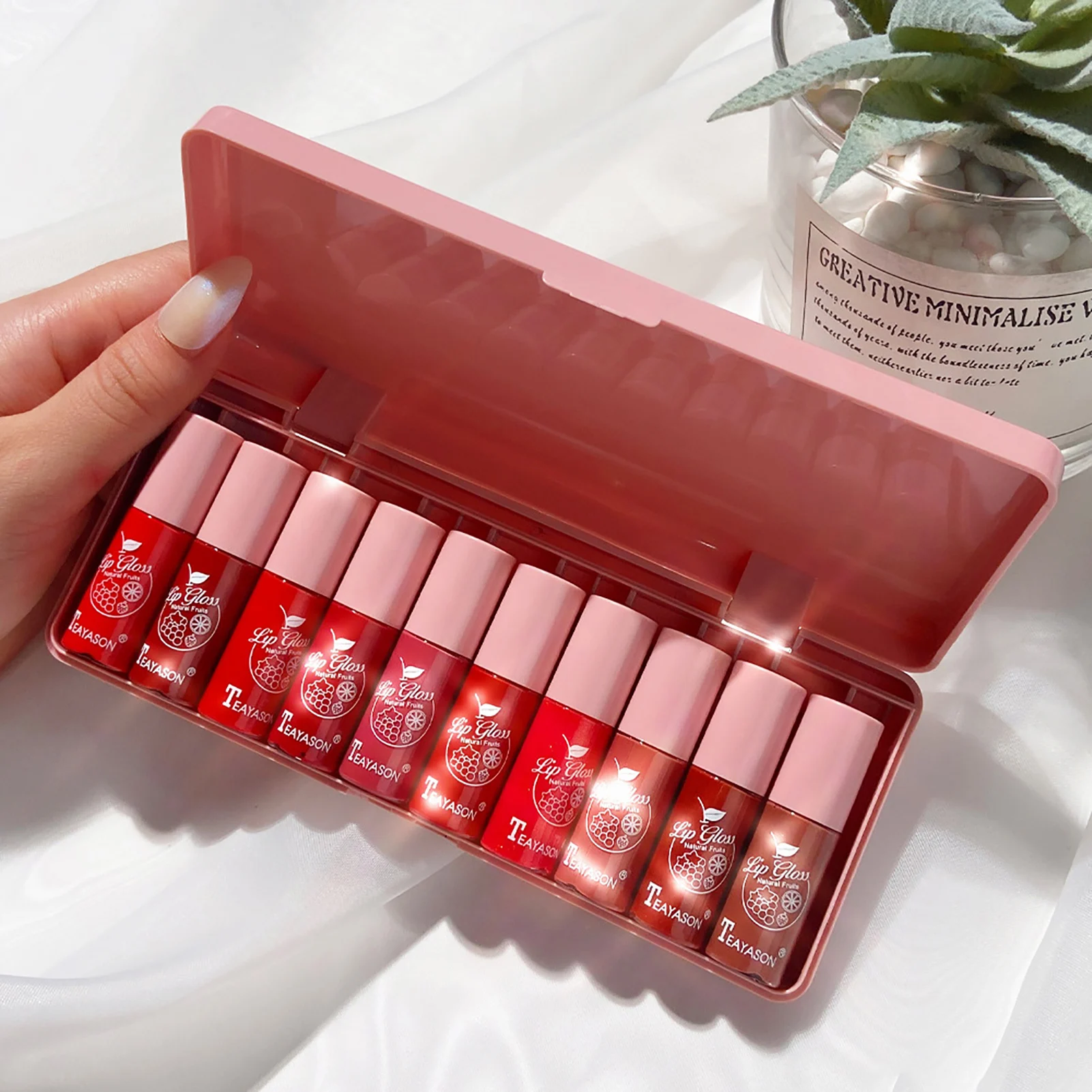 10pcs Girl Pink Lip Gloss Set Jelly Lipstick Moisturizing Glass Lip Gloss Cream Red Pink Shiny Lip Long Lasting Glitter Lip Int