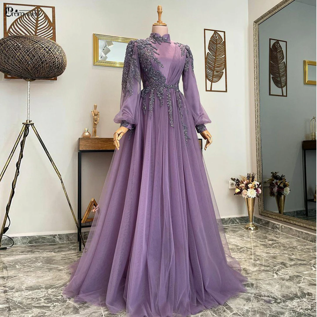 Purple Muslim Evening Dresses Long Luxury 2024 Beading Lace A-Line Tulle Prom Gowns for Women Party Wear Formal with Sleeves