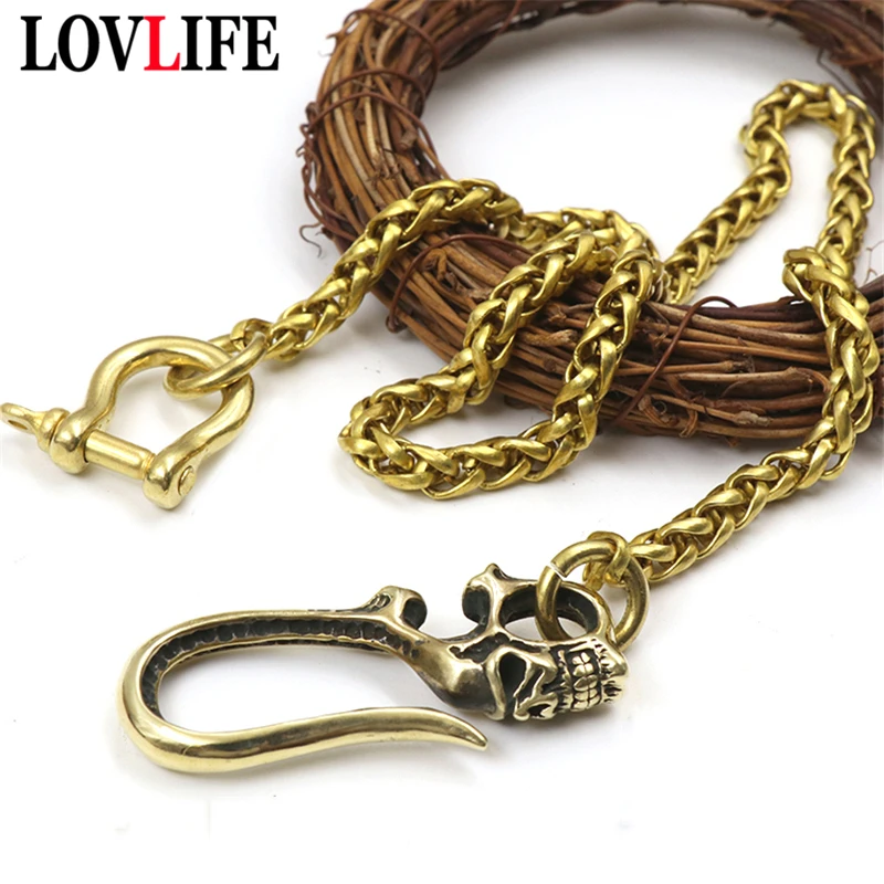 Brass Long Chain Men Pants Belt Waisting Hangings Keychains Vintage Copper Skull Buckles Rings Trousers Chains Dragon Head Hooks