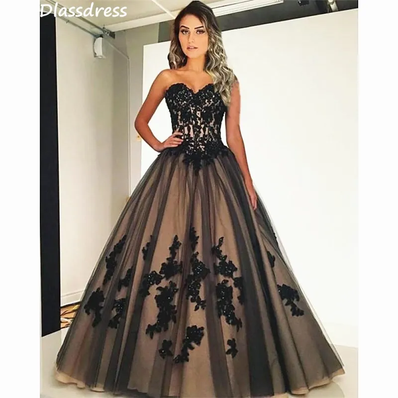 Vestido de fiesta negro con apliques de tul sin tirantes, elegante escote en forma de corazón, largo hasta el suelo, para noche