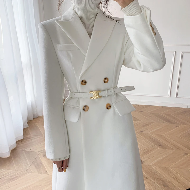 Winter Woolen Coat Women Elegant White Thickening Warm Cashmere Wool Blends Outerwear Fashion long Overcoat