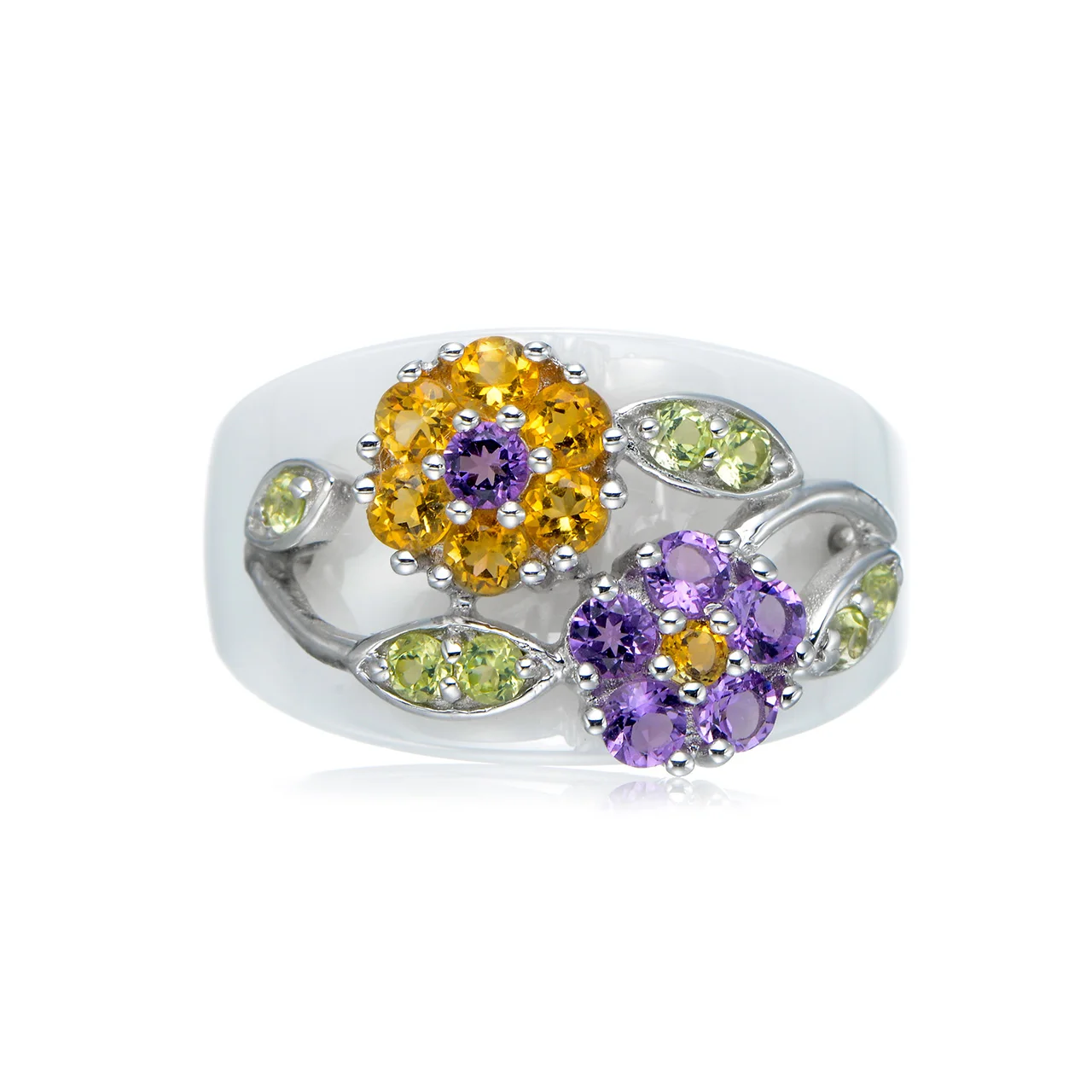 Citrine and Peridot and Amethyst , Rhodium Over Sterling Silver Flower Ring 1.02ctw with white or black Ceramic gold plated 2021