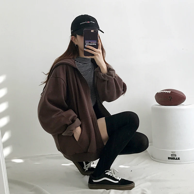 Autumn Winter Thicken Warm Sweatshirts Women Simple Loose Zipper Hooded Clothes Female Fleece Warm Solid Color Tops