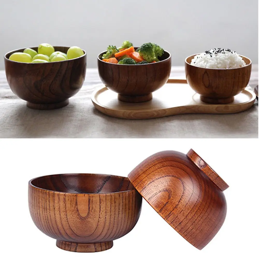 Wooden Bowl Japanese Style Soup Salad Rice Sugar Natural Coconut grinding Tableware Food Utensil Kitchen Ramen Noodles Dinner