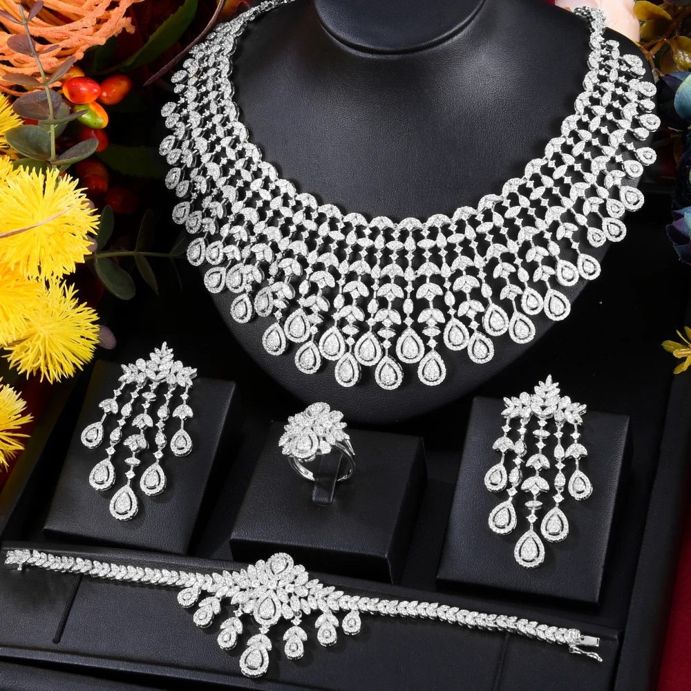 Siscathy Gorgeous Custom Bride Wedding Necklace Jewelry Set For Women Luxury Full Micro Cubic Zircon Earrings Party Accessories