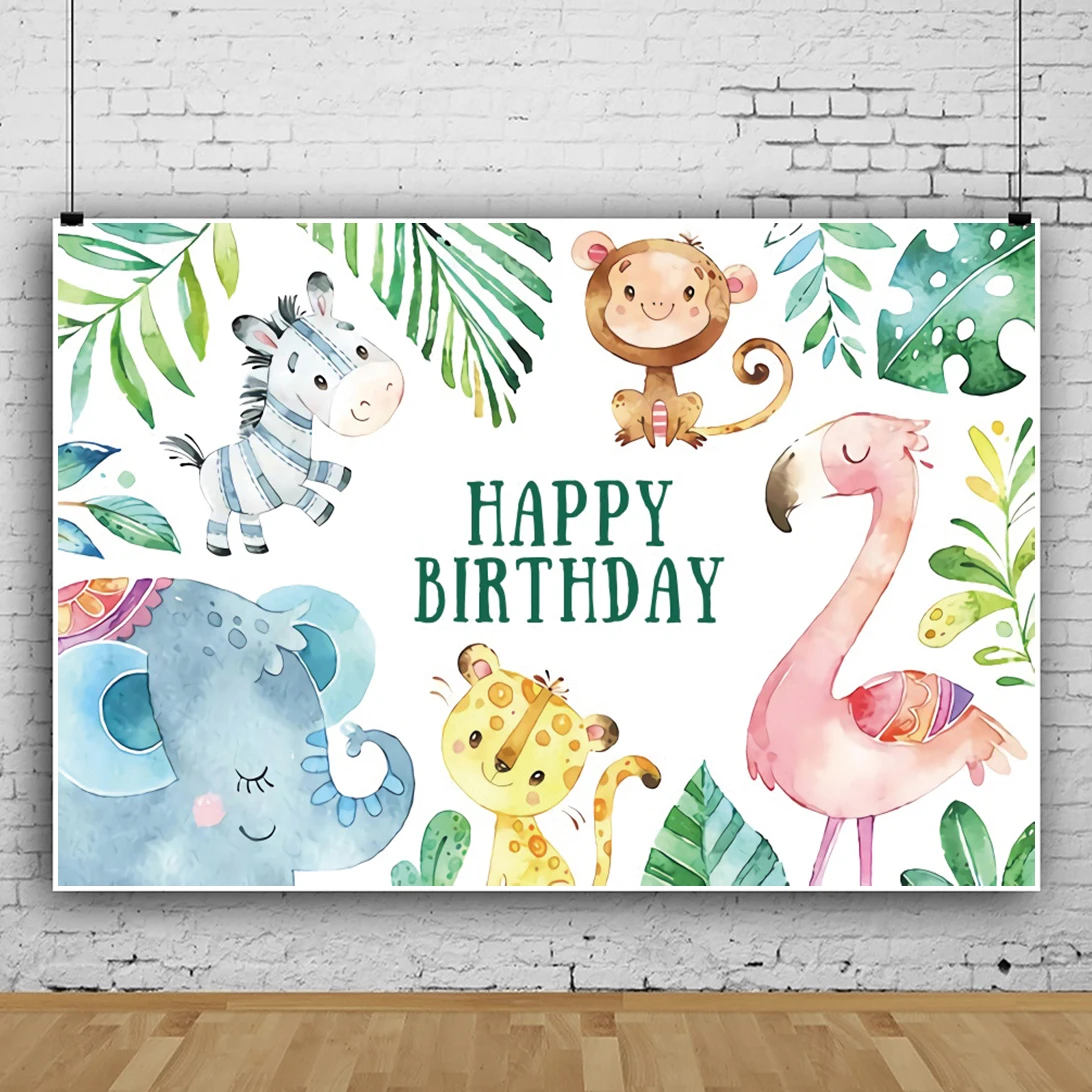 Laeacco Jungle Safari Flamingo piante tropicali bambino buon compleanno festa sfondo ritratto personalizzato Banner fondali foto