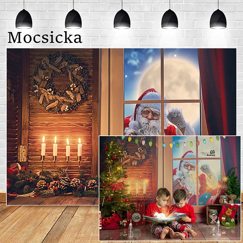 

Mocsicka Christmas Photography Backdrop Santa Claus Window Candle Child Portrait Photo Background Photo Studio Wood Floor Props