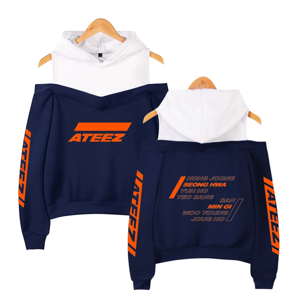 Hot Sale ATEEZ off shoulder Sweatshirt pattern printing Women\'s Fashion Casual Streetwear off-shoulder Hoodie sexy sweathirt