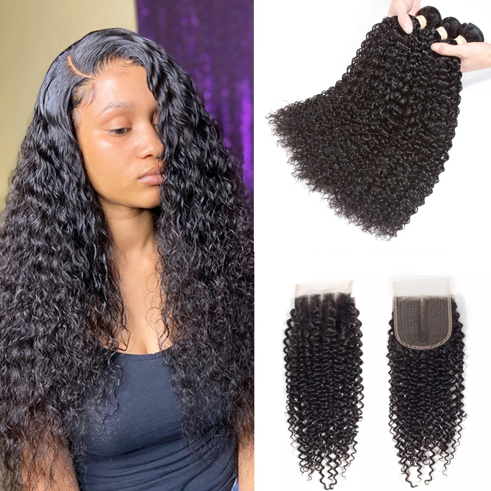 Bundles Deep Wave avec fermeture, cheveux humains bouclés brésiliens, tissage avec fermeture à lacet, partie en T 4x4, 2 faisceaux, 3 faisceaux