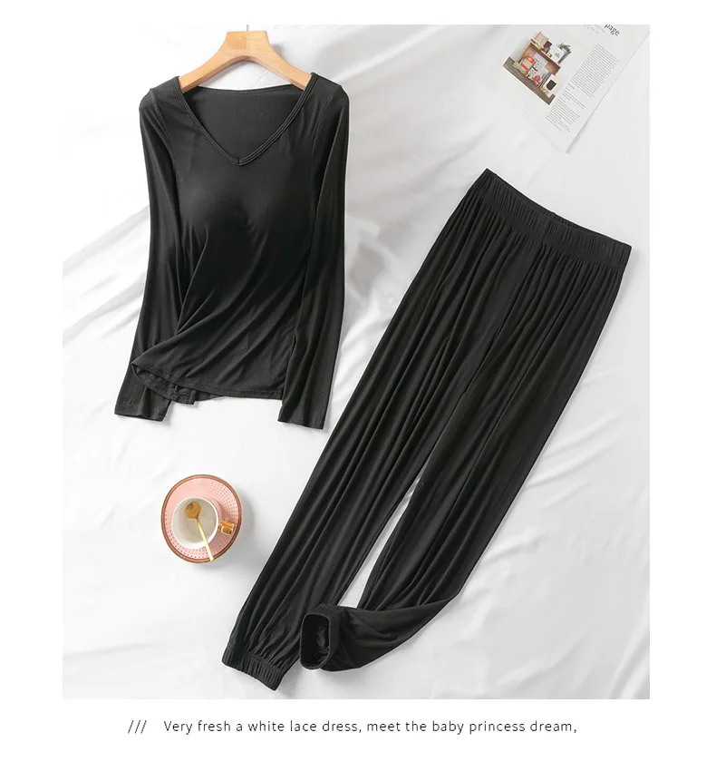 Spring and Autumn New Women\'s Modal Threaded Pajamas Long Sleeve Long Pants with Chest Pad Large Size Home Service Two-piece Set