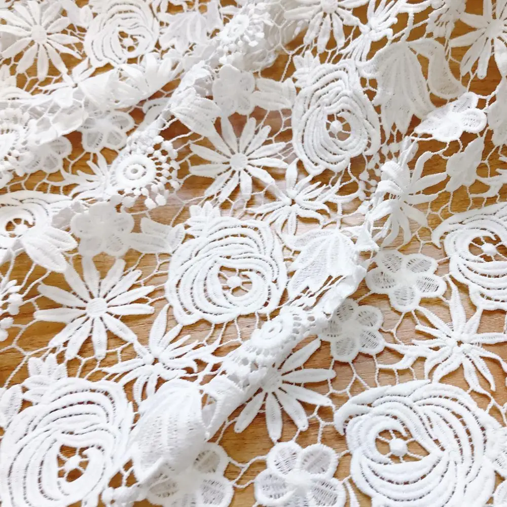 

White Heavy Guipure Milk Silk lace fabric Venice Hollowed out Rose Crochet fabric for Bridal gown Clothing Accessory, 1 yard