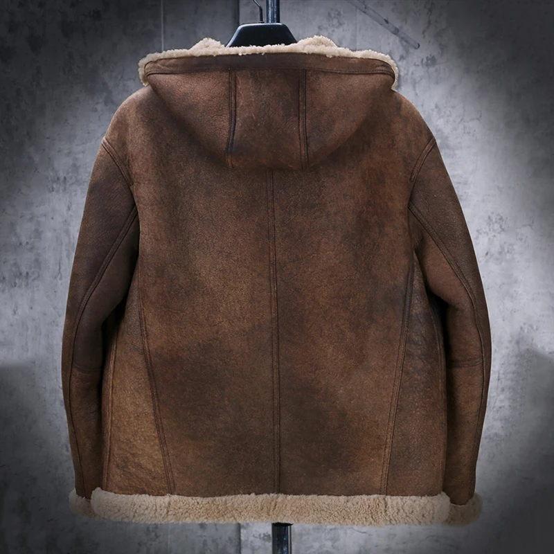 New Mens Brown Shearling Coat B3 Bomber Jacket Short Fur Coat Hooded Motorcycle Jacket Sheepskin Coat