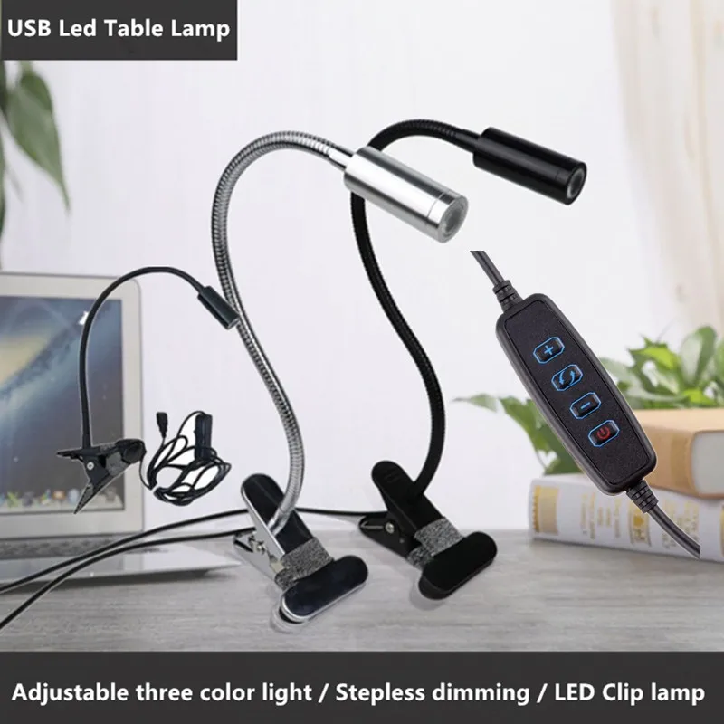 Elastyczne przyciemnianie 3 kolorowe światełko LED do czytania USB Clip-on ochrona oczu sypialnia lampka do czytania makijaż lampa lampa stołowa Led czarny/srebrny