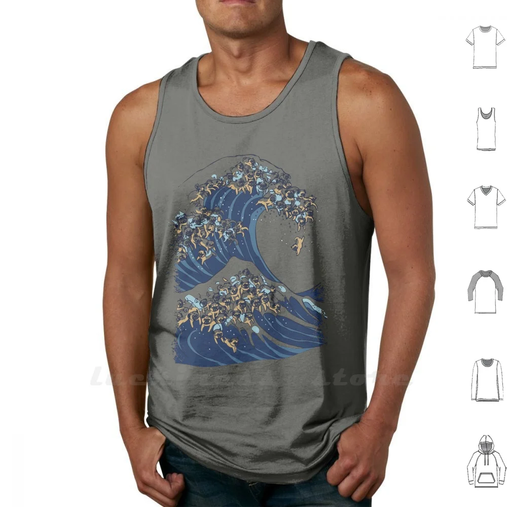 The Great Wave Of Pugs Vanilla Sky Vest Men Women Teenage Cotton 6xl Graphite Vintage Animals Love Pug Ocean Japan Wave
