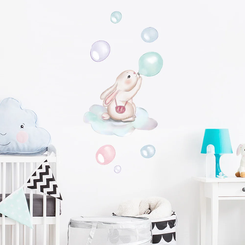 Cute Bunny Blowing Bubbles Wall Stickers Children's Room Wallpaper Home Decor Kids Bedroom Background Decoration Animal Sticker