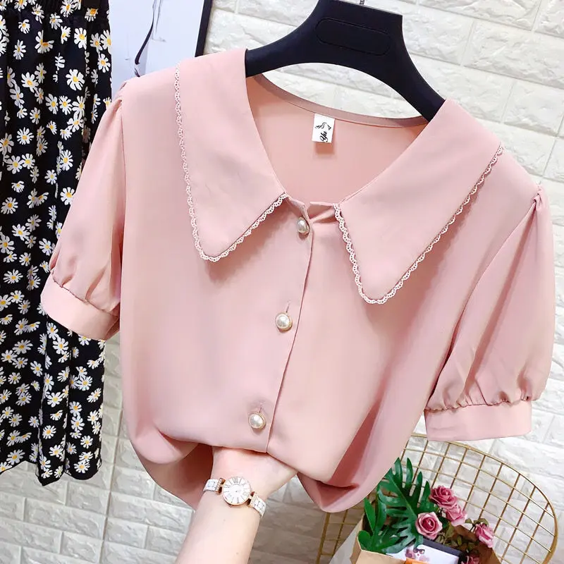 Women's Shirt 2024 New Doll Collar Short-sleeved Chiffon Blouse Summer Sweet Pearl Single-Breasted Shirts Casual Top Clothing