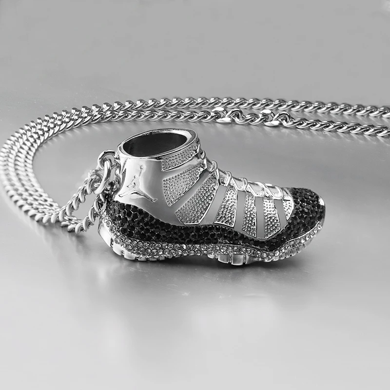 MYLONGINGCHARM Hip Hop Necklace Shoes Pendant Stainless Steel Shoes Necklace with black and white Stones