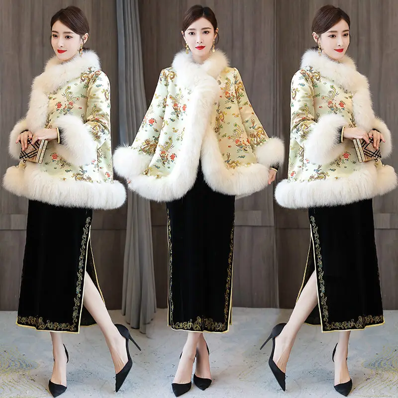 Autumn And Winter New Chinese Style Women\'s Jacket Retro Hanfu Fur Collar Modern Warmth Thick Qipao Tops Ethnic Shawl Coat M1723