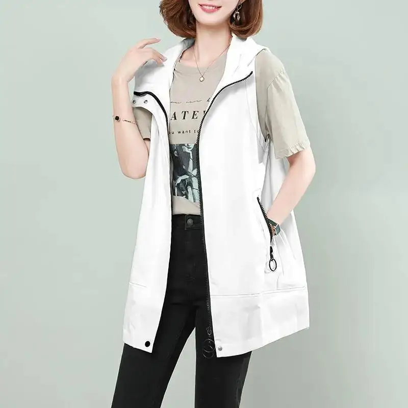 2024 Women\'s Vest Jacket Mid-Length Spring Autumn Waistcoat New Loose Sleeveless Jackets Fashion Zipper Vest Coat Female 4XL