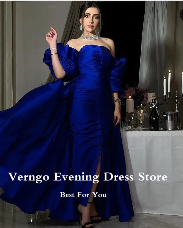 Verngo Royal Blue Satin Avondjurken Met Jacket Lange Mouwen Enkellange Formele Party Dress Dubai Vrouwen Eenvoudige Prom Gown