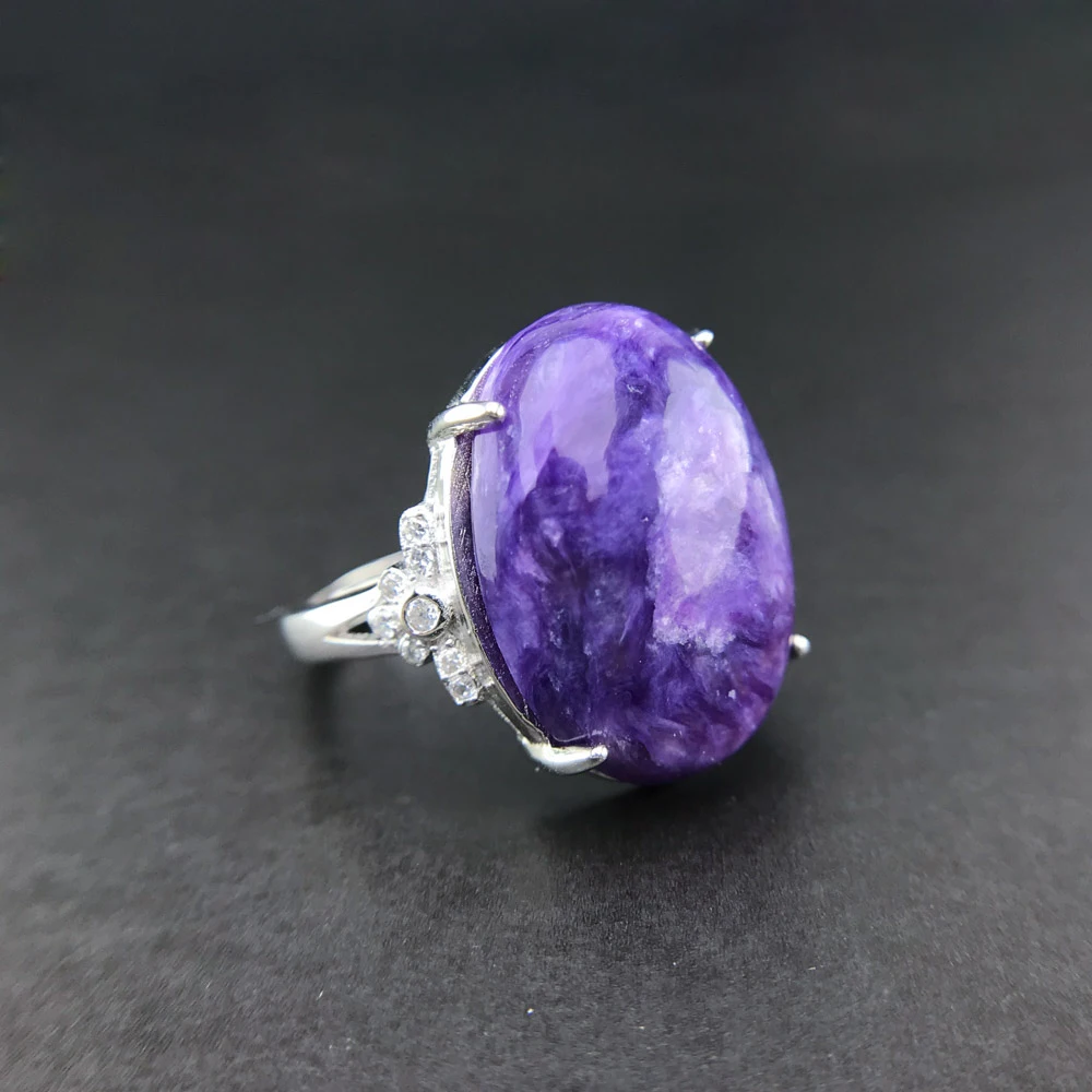 Natural Charoite 925 silver rings for women gemstone man big rings fine jewelry Opening ring design gem oval 15*20mm