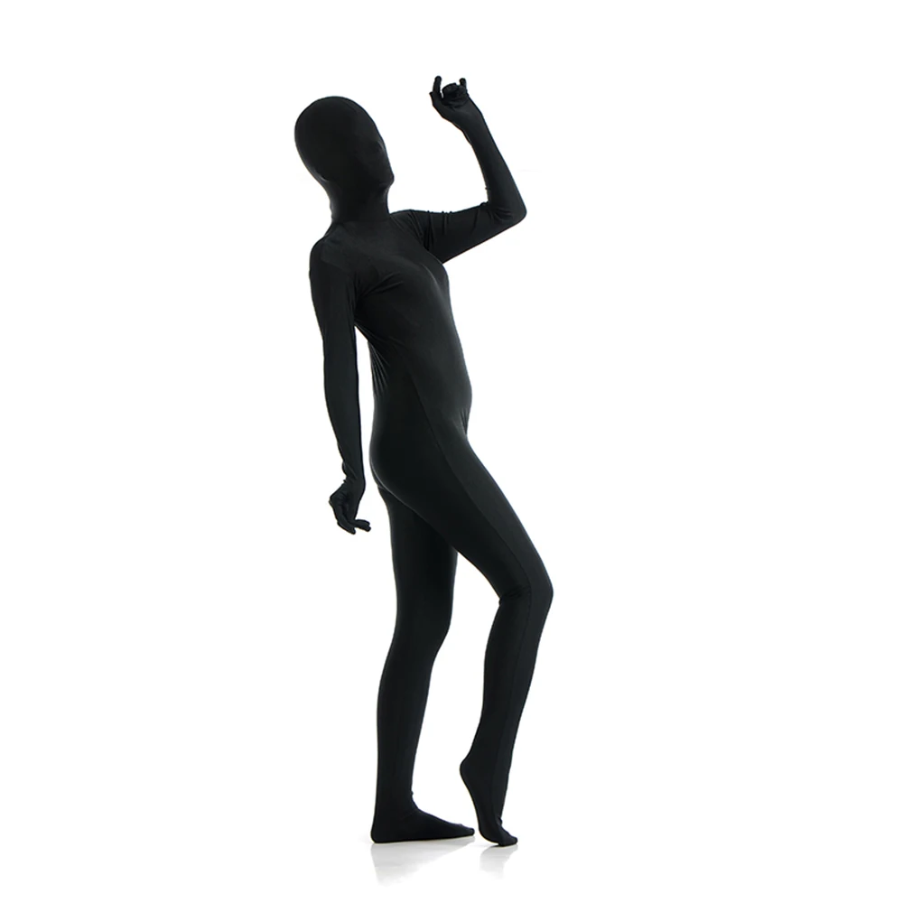 Disfraces Zentai negros personalizados, traje de piel de cuerpo completo, Catsuit, Disfraces de Halloween, Body con cremallera en la entrepierna, ojos abiertos, boca abierta