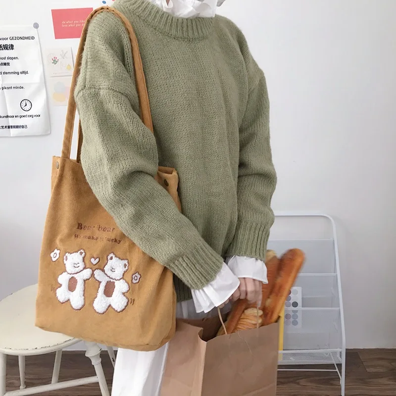 Canvas Handbag with Cute Bears Shopper Bags for Women Large Capacity Bag Solid Color Shoulder Bag
