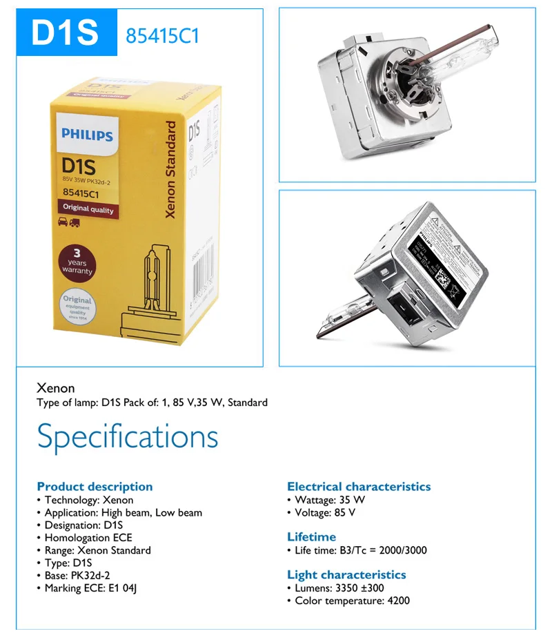 Philips HID D1S 35W Xenon Standard 4200K Auto Original Headlight