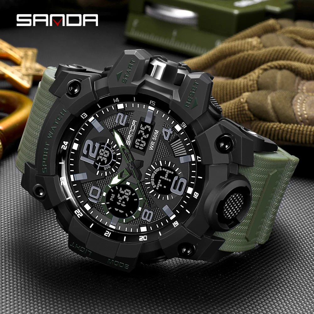 2021 SANDA Sports Military Men\'s Watches Waterproof Dual Display Quartz Wristwatch For Male Clock Stopwatch Relogios Masculino