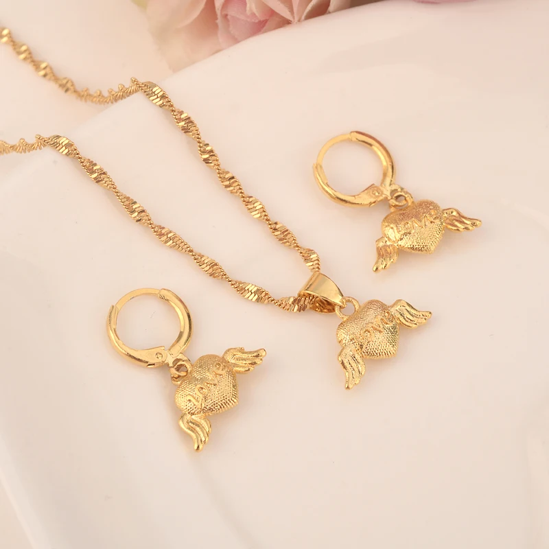 

Dubai Fashion Jewelry Sets For Women wing heart Necklace Pendant Earrings African Statement Bridal Wedding Party Gift