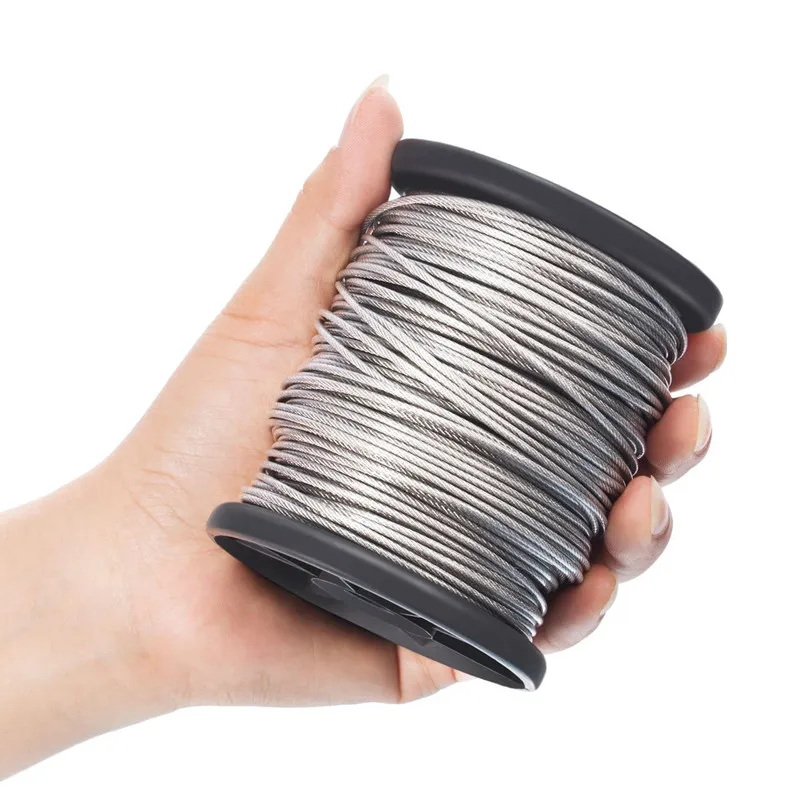 1.5/2/3mm*50m Stainless Steel Wire Rope Resistant Strong Line PVC Coated Flexible Clothesline Kit