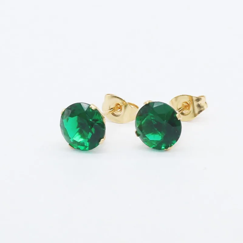 Size 3mm to 8mm 316L Stainless Steel Green Color Round Zircon Stud Earrings  No Fade Allergy Free Brief Jewelry