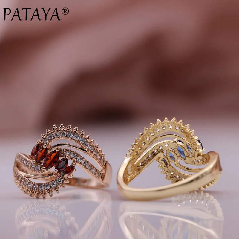 PATAYA New Micro Wax Inlay Horse Eye Blue Natural Zircon Women Ring 585 Rose Gold Color Geometric Fashion Jewelry Metal Rings