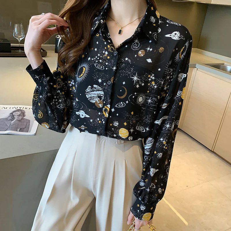 Autumn 2024 New Women\'s Lolita Style Printed Long Sleeve Shirt Fashion Thin Satin Girl\'s Top Star Sky Pattern Lantern Sleeve