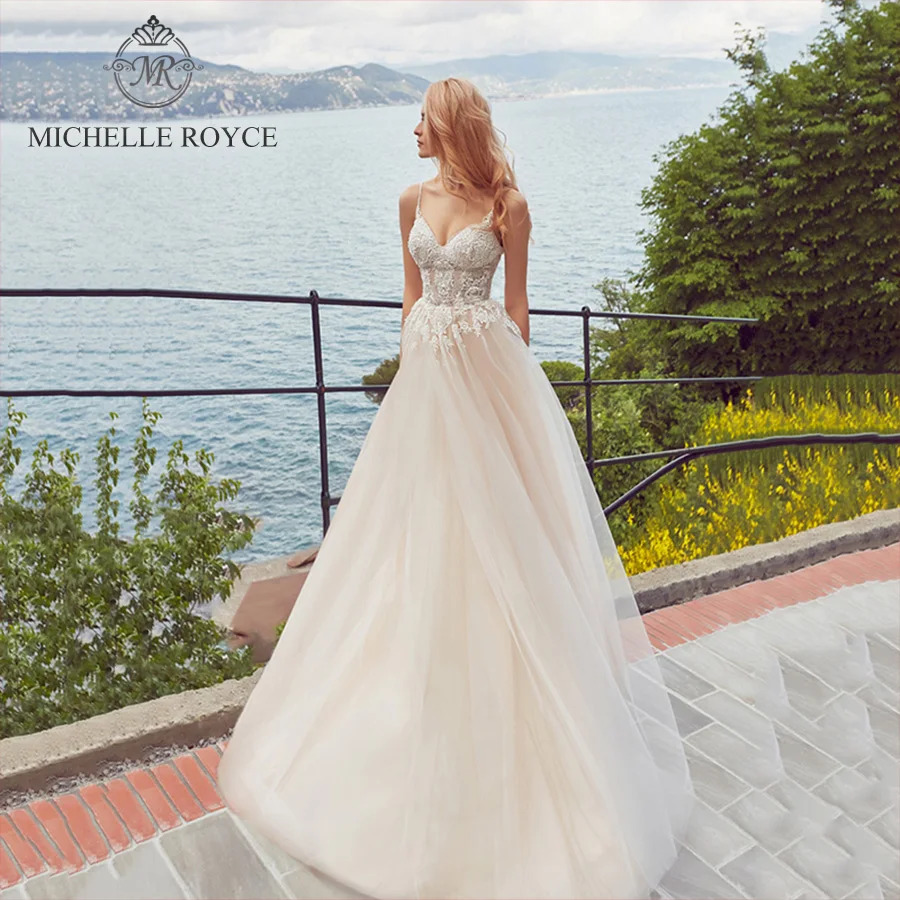 Michelle Royce A-Line Wedding Dresses For Women Sexy Bride V-neck Spaghetti Appliques Chapel Train Wedding Gown Vestido De Novia