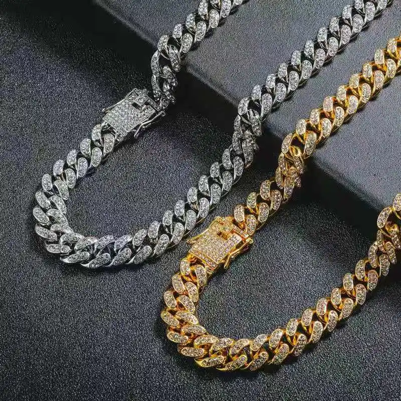 Necklace Bracelet Hip Hop Miami Cuban Chain Gold Color Colorful Watch for Men Iced Out Paved Rapper Men Jewelry Set Women Watch