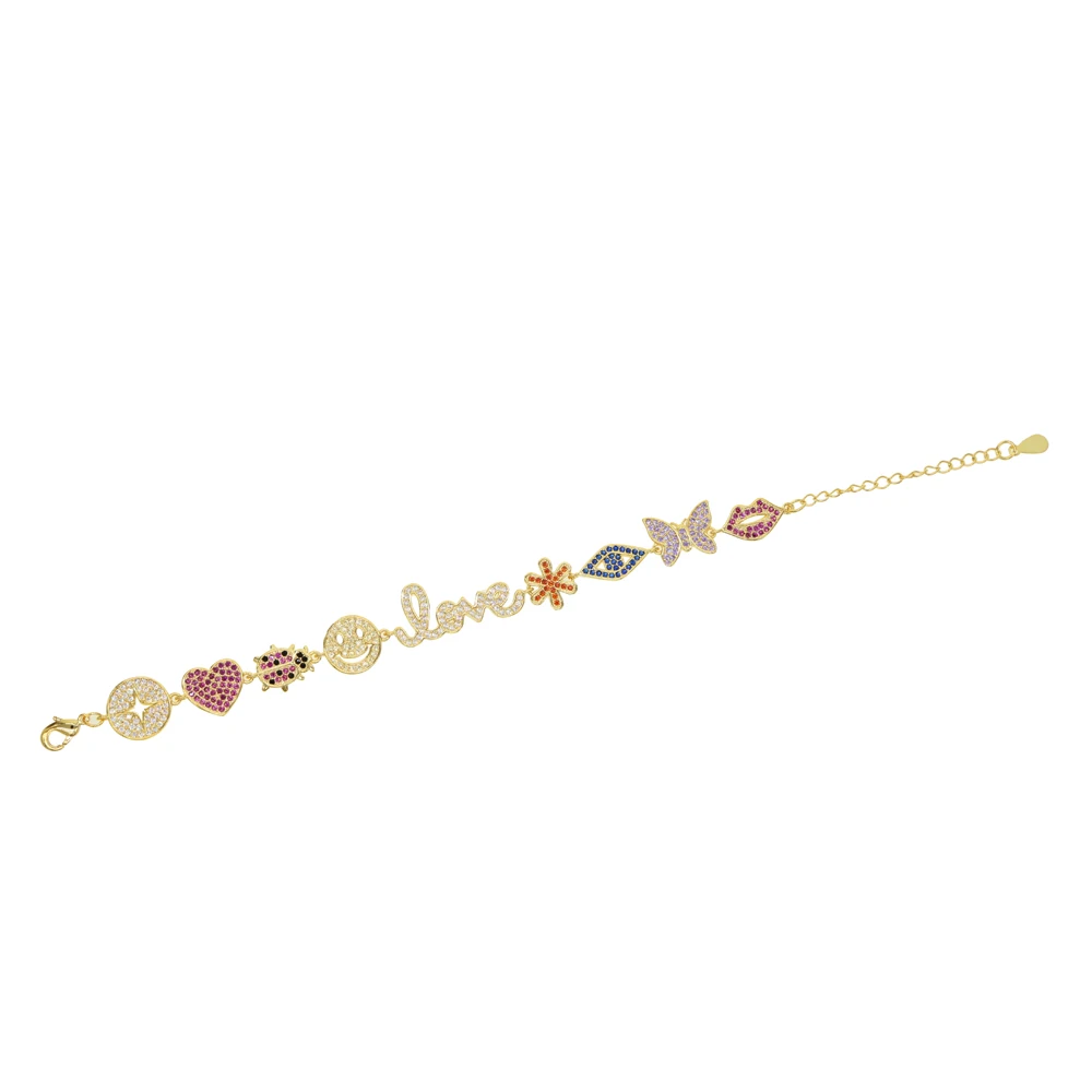 Gold Color rainbow colorful cz lip butterfly heart cute lovely lucky charm bracelet elegant Luxury fashion women jewelry