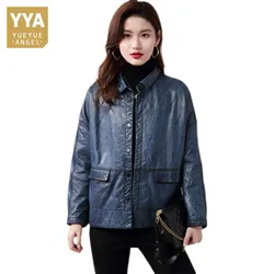 Retro Lady Square Collar Real Leather Jackets Office Sheepskin Loose Fit Jacket Streetwear Single Breasted Outerwear Female