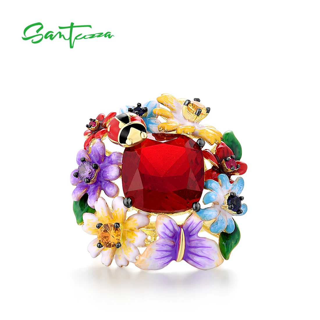 SANTUZZA Pure 925 Sterling Silver Rings For Women Colorful Flowers Ladybug Ring Sparkling Red Stone Handmade Enamel Fine Jewelry