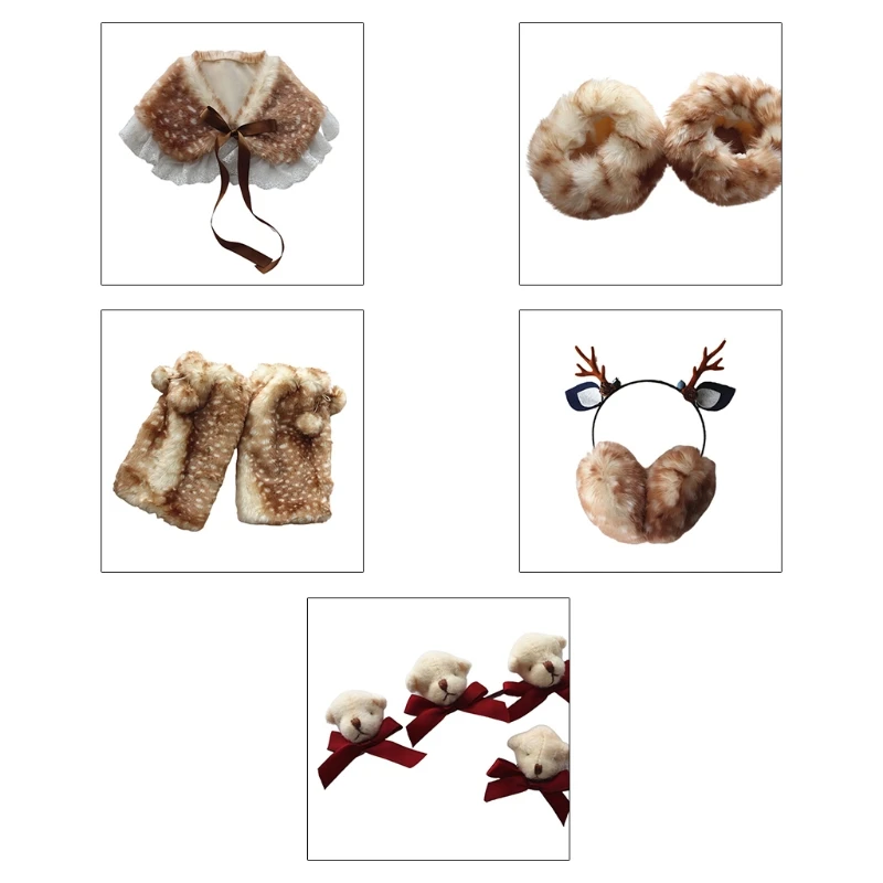 Women Winter Warm Faux Fur Collar Scarf Shawl Deer Antlers Earmuff Fake Wrist Cuffs Leg Warmers Cartoon Bear Brooch Pin