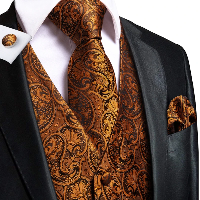 Hi-Tie 100% Silk Men\'s Waistcoat for Men Suit Vintage Fashion Formal Brown Paisley Dress Vests Men Wedding Party formal Dresses