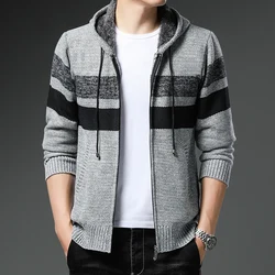 Winter Coat Men's Stripe Zipper Knit Cardigan Relaxed Fit Fashion Fleece Warm Jacket Casual Loose 4XL Jumper Hooded Sweater