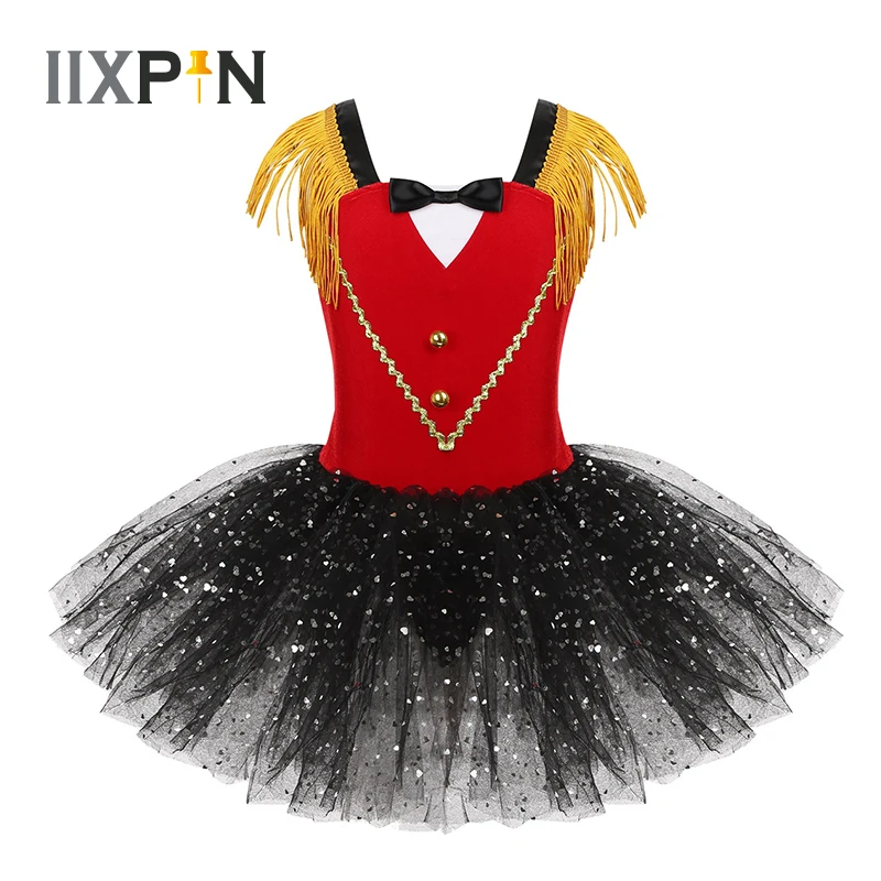 Trẻ Em Bé Gái Halloween Hóa Gánh Xiếc Ringmaster Trang Phục Dancewear Tua Rua Kim Sa Lưới Tutu Váy Múa Thể Dục Dụng Cụ Leotard Đầm