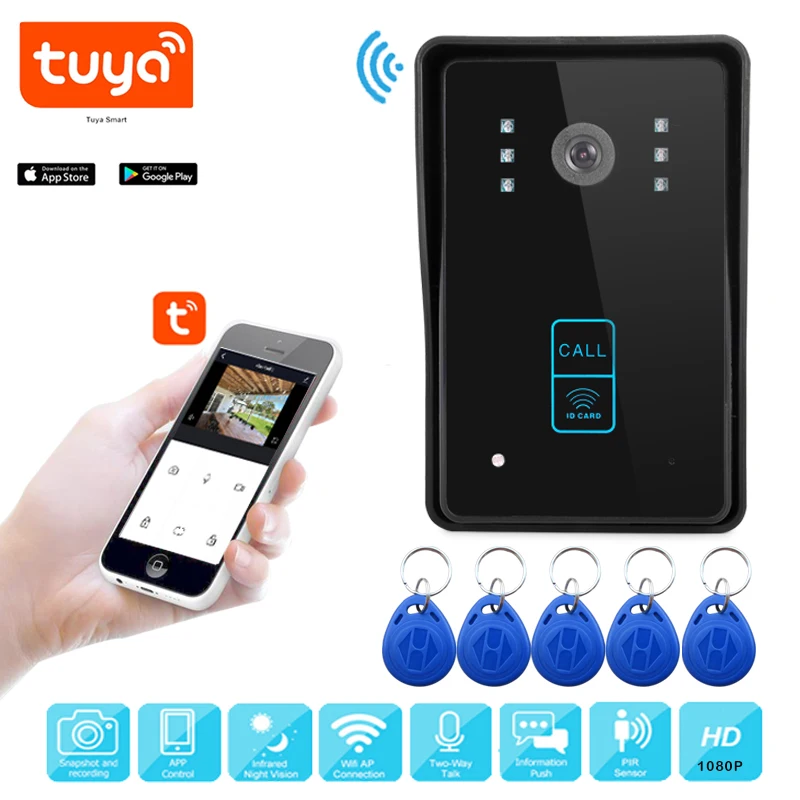 Wifi video doorbell Tuya APP Intercom video mobile phone tracker Night vision swipe card 1080P Unlock Set