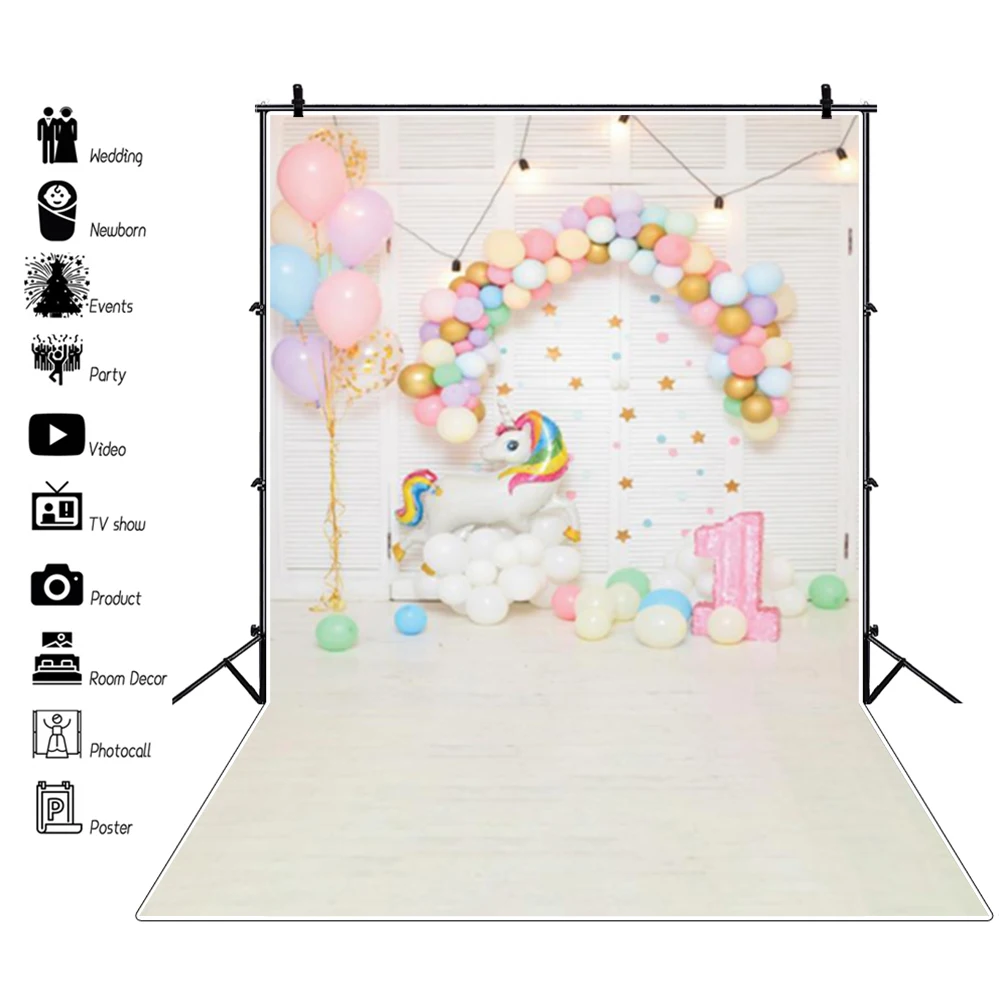 Laeacco สีชมพูน่ารักบอลลูนวันเกิดพื้นหลังถ่ายภาพ1ปีธงประดับวันเกิด Baby Shower ฉากหลังสำหรับถ่ายภาพ