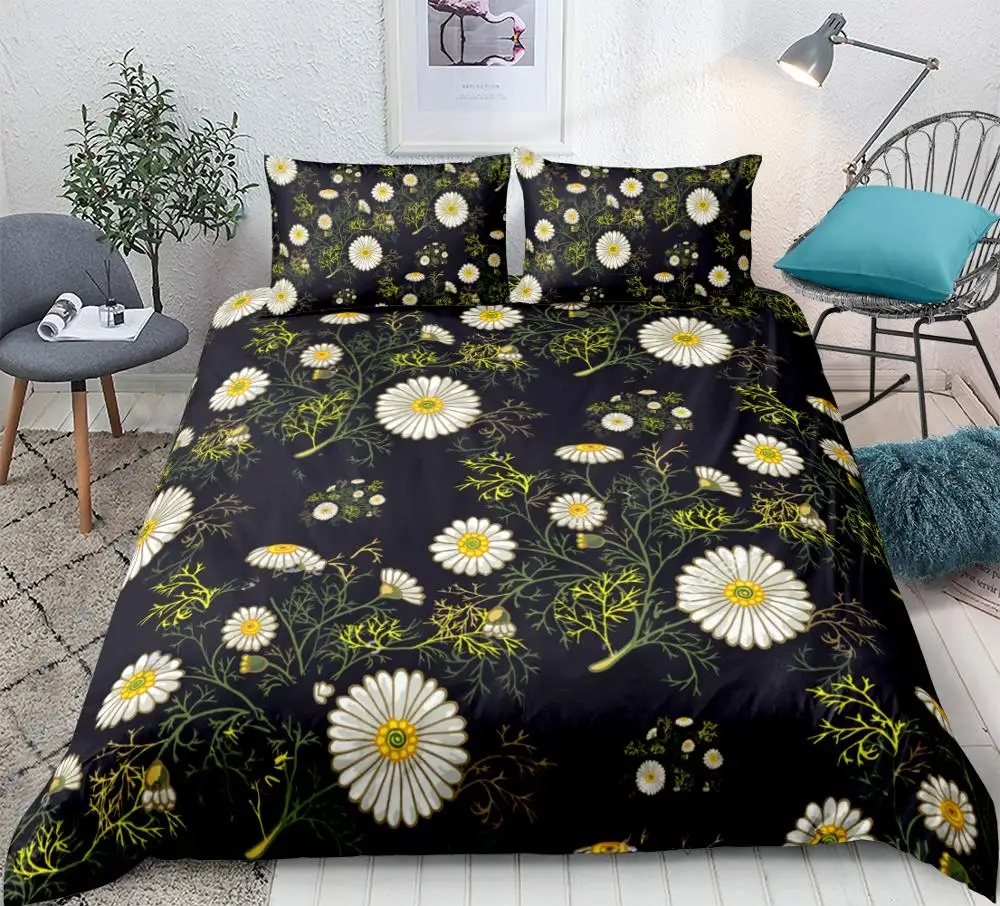 3PCS Flower Bedding Set Black Chrysanthem Duvet Cover with Pillowcase Teen Quilt Cover Home Textiles King Flower Dropship