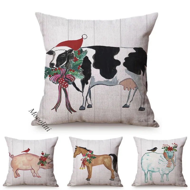 

Nordic Farm Animal Cushion Cover Christmas Water Color Decoration Bed Sofa Pillow Case Cow Pig Square Cushions Cover Kussenhoes