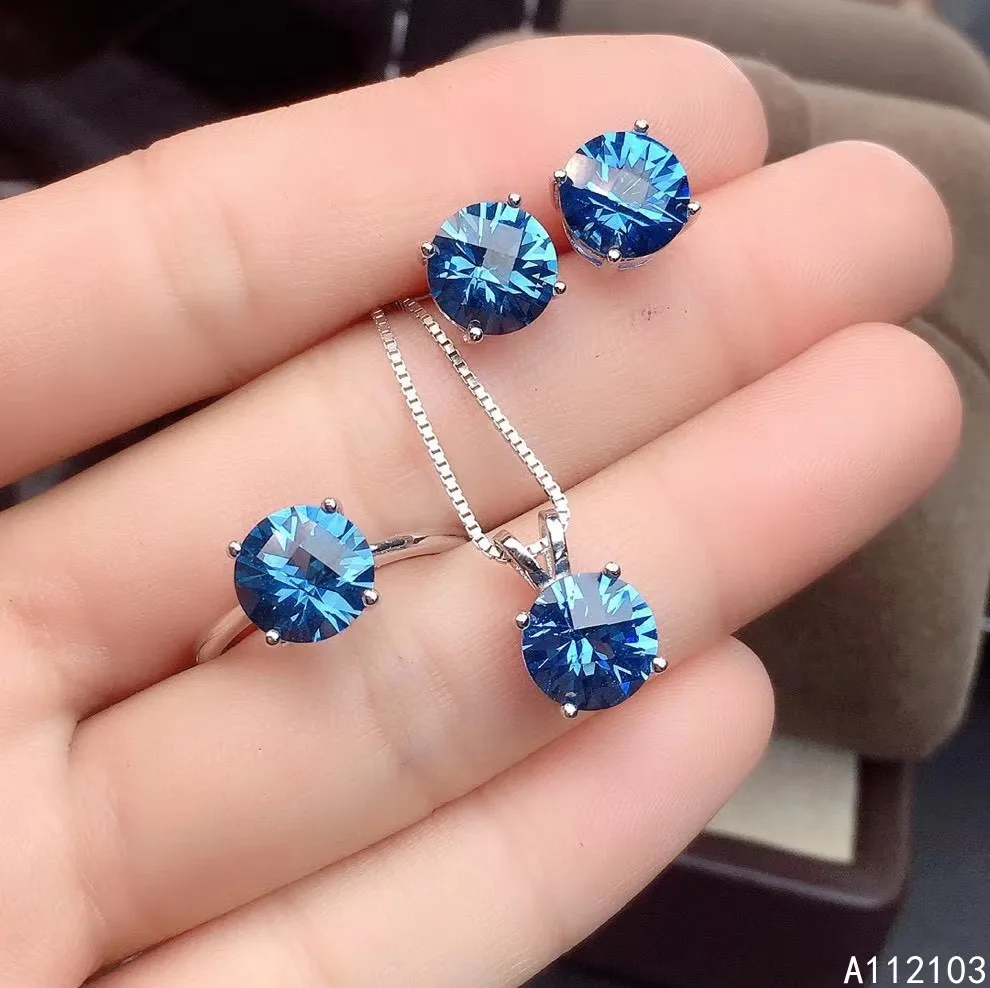 

KJJEAXCMY fine jewelry 925 sterling silver inlaid natural blue topaz Girls simple ring pendant earrings round gem set support ch