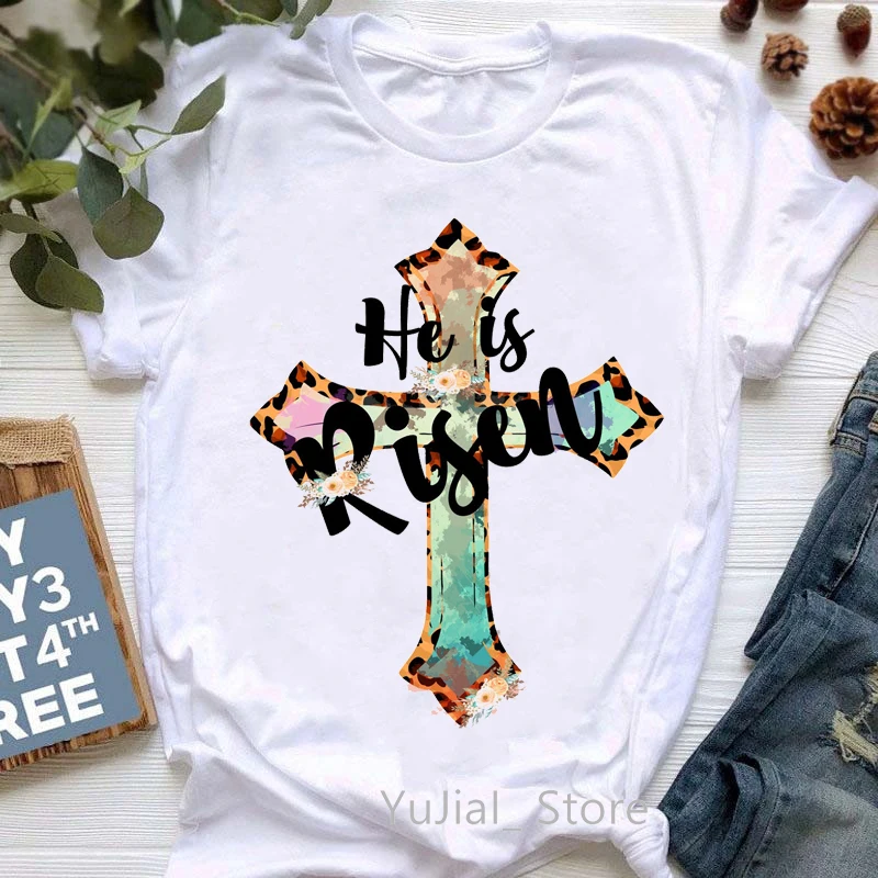 He Is Risen Watercolor Cross Graphic Print T-Shirt Women Easter How Great Thou Art Tshirt Femme Christian Hymn T Shirt Female