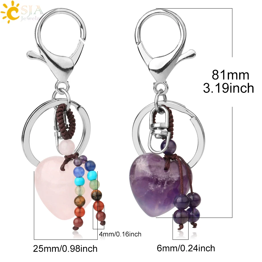 CSJA Heart Natural Crystal Keychains 7 Chakra Healing Stone Pink Quartz Tiger Eye Keyring Silver Color Car Key Holder Decor G554